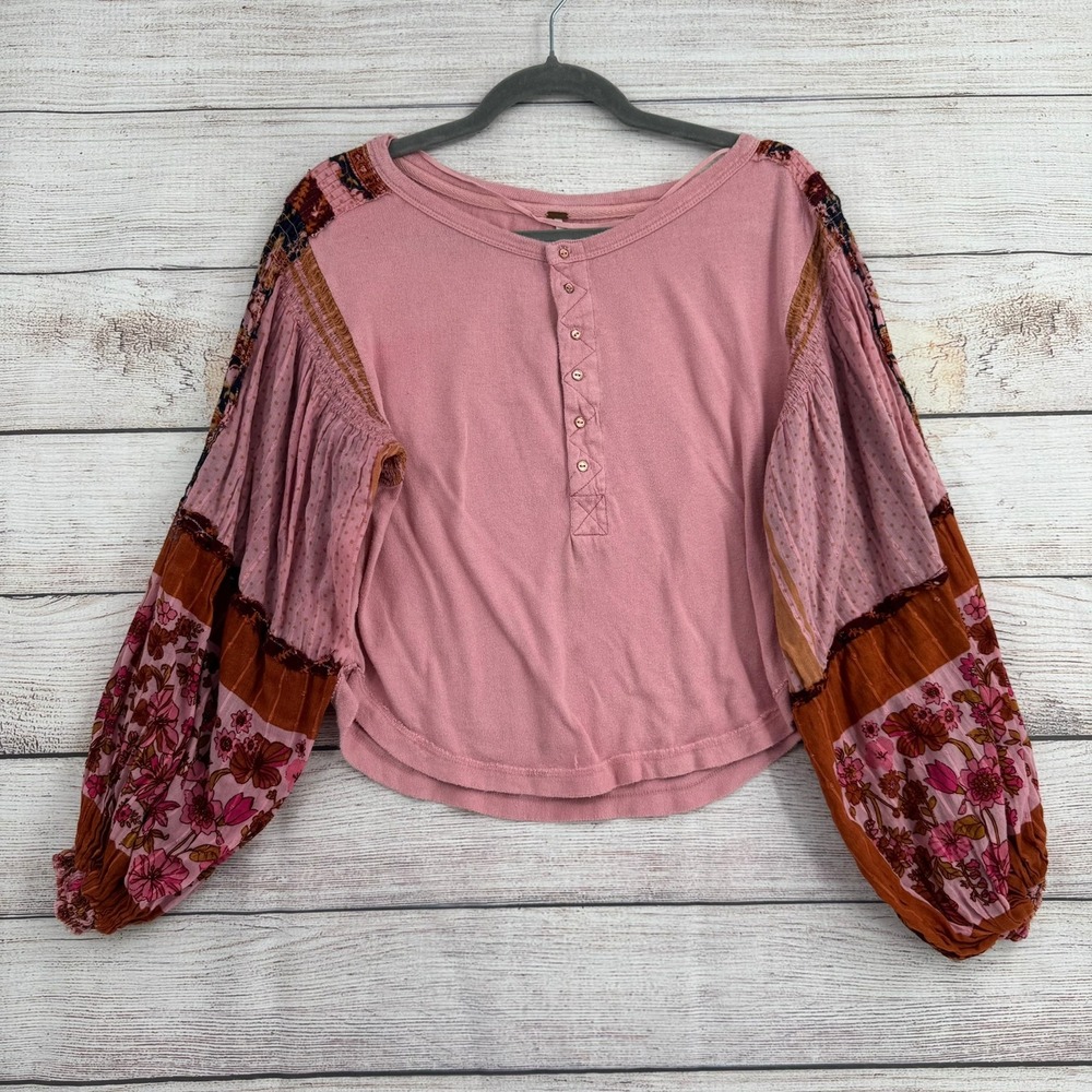Free People Henley Top Women XS Pink Mixed Media Floral Balloon Sleeve